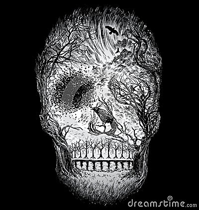 Hand Drawn Abstract Skull Made from Trees and foliage Vector Illustration