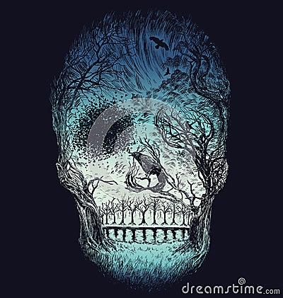 Hand Drawn Abstract Skull Made from Trees and foliage in color Vector Illustration