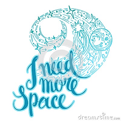 Hand drawn abstract stylized galactic spiral with stars and Brush stroke lettering with inspiration, motivation Cartoon Illustration