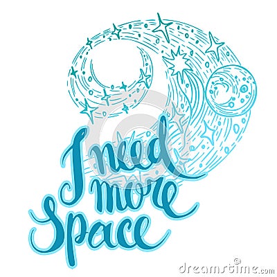 Hand drawn abstract stylized galactic spiral with stars and Brush stroke lettering with inspiration, motivation Vector Illustration
