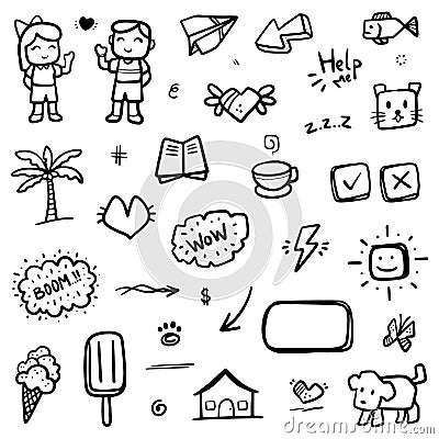 Hand drawn abstract thin line doodle set of objects, in Vector Vector Illustration