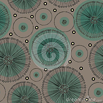 Hand drawn abstract turquoise dandelion flowers in black outline on beige background. Vector Illustration