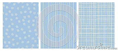 Hand Drawn Abstract Vector Patterns. White and Blue Infantile Design. Stripes and Snow Flakes. Vector Illustration