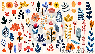 Hand drawn abstract wildflowers, set flowers and leaves, flat icons Vector Illustration