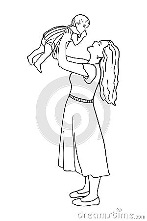 Hand drawn adorable baby and mother line silhouette. Cute simple vector illustration. Happy mom holds her infant. Perfect for Cartoon Illustration