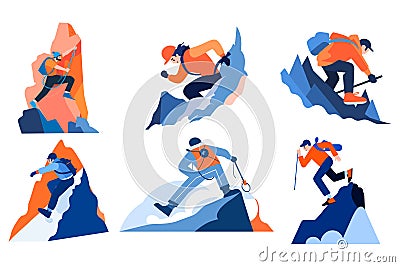 Hand Drawn Adventurous tourists climb mountains in flat style Vector Illustration