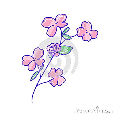 Hand drawn aesthetic cute branch with pink sakura flowers and leaves Vector Illustration