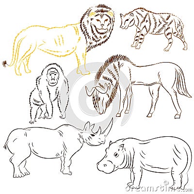 Hand Drawn African Wilde Animals. Doodle Drawings of Lion, Stripped Hyena, Gorilla, Wildebeest, Hippo and Rhinoceros. Sketch Style Vector Illustration