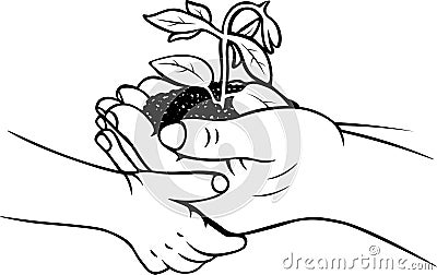 Hand drawn agronomy sketch growth doodle two hands child and adult harvest soil and plant vector illustration black and white icon Vector Illustration