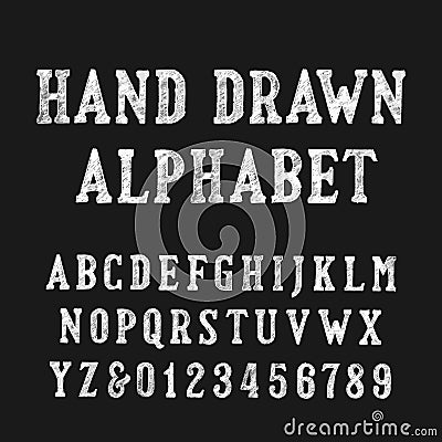 Hand drawn alphabet font. Distressed vintage letters and numbers. Vector Illustration
