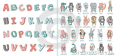 Hand-drawn alphabet, font, letters. Doodle ABC for kids with cute animal characters. Vector illustration, isolated on Vector Illustration