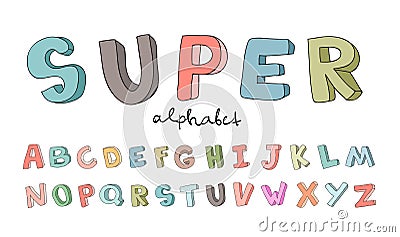 Hand-drawn alphabet, font, letters. Doodle ABC for kids. Vector illustration isolated on white background. Vector Illustration