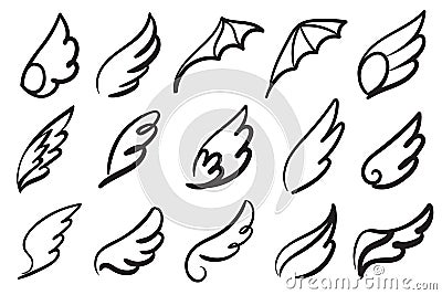 Hand drawn angel wings. Sketch feather bird line wing tattoo, angels winged emblem, freedom vector elements Vector Illustration