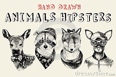 Hand drawn animals hipsters set in vintage style Vector Illustration