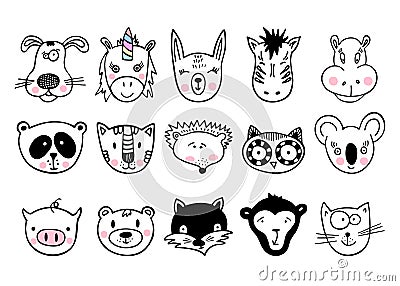 Hand drawn animals, set of cute doodle. Vector Illustration