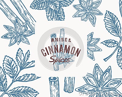 Hand Drawn Anise and Cinnamon Vector Background. Abstract Spices Sketch Card or Cover Template with Classy Retro Vector Illustration