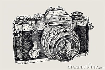 Hand Drawn Antique Camera, Vintage Photo Camera Isolated on White Background, Engraving Pen Stock Photo