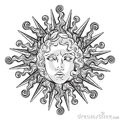 Hand drawn antique style sun with face of the greek and roman god Apollo. Flash tattoo or print design vector illustration Vector Illustration