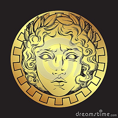 Hand drawn antique style sun with face of the greek and roman god Apollo. Flash tattoo or print design vector illustration Vector Illustration