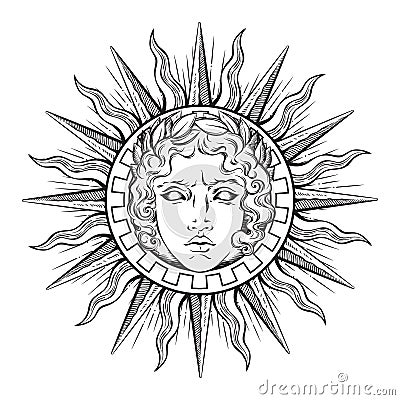 Hand drawn antique style sun with face of the greek and roman god Apollo. Flash tattoo or print design vector illustration Vector Illustration