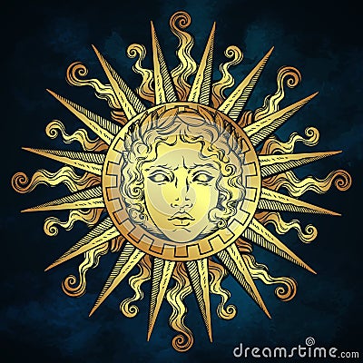 Hand drawn antique style sun with face of the greek and roman god Apollo over blue sky background. Flash tattoo or fabric print de Vector Illustration