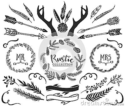 Hand drawn antlers, arrows, feathers, ribbons and wreaths Vector Illustration