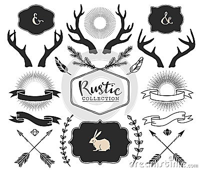 Hand drawn antlers, bursts, arrows, ribbons and frames Vector Illustration