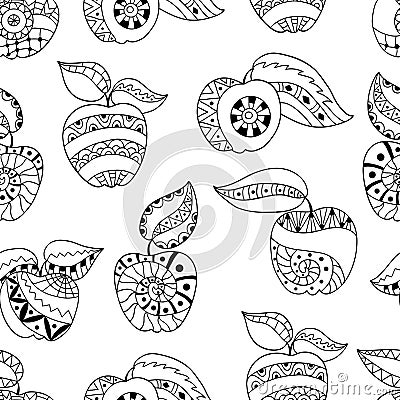 Hand drawn apples and leaves for anti stress colouring page. Seamless pattern for coloring book. Vector Illustration