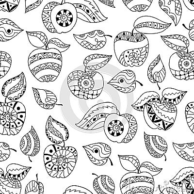 Hand drawn apples and leaves for anti stress colouring page. Seamless pattern for coloring book. Vector Illustration