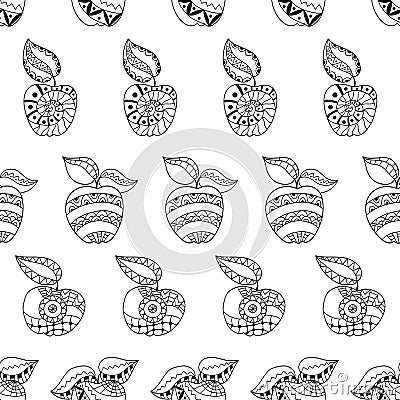 Hand drawn apples and leaves for anti stress colouring page. Seamless pattern for coloring book. Vector Illustration