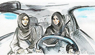 Watercolor arabian woman drive a car Cartoon Illustration