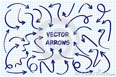 Hand drawn arrows on checkered paper sheet. School notebook for drawing. Doodle arrow icon, simple monochrome pointer Vector Illustration