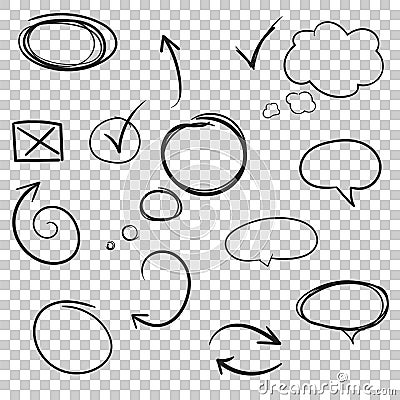 Hand drawn arrows and circles icon set. Collection of pencil sketch symbols. Vector Illustration
