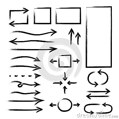 Hand drawn arrows circles set. Vector abstract doodle writing, simple grunge ink pen arrows, circles, rectangle, pointer sketch Vector Illustration