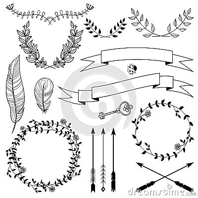 Hand drawn arrows, ribbons, wreaths, twigs with leaves, key and feathers. Floral decorative vector design set. Vector Illustration