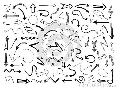 Hand drawn arrows. Sketch black arrow direction line signs. Doodle scribble monochrome way pointers, outline vector set Vector Illustration