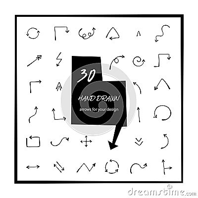 30 hand drawn arrows vector art. Arrow icon isolated. Round, curved, circle arrow sketch vector illustration. Right, left, down, u Vector Illustration