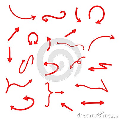 Hand-drawn arrows vector. Set of red arrows showing right, left. Arrow for navigation isolated on white background. Symbol for Dir Vector Illustration
