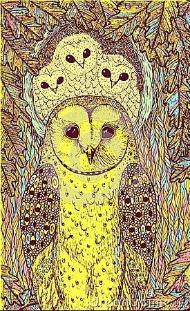 Hand drawn art with owls on the oak tree. Realistic psychedelic colorful graphic artwork. Vector illustration Vector Illustration
