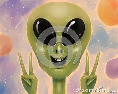 Hand drawn portrait of cute funny friendly alien showing peace gesture Stock Photo