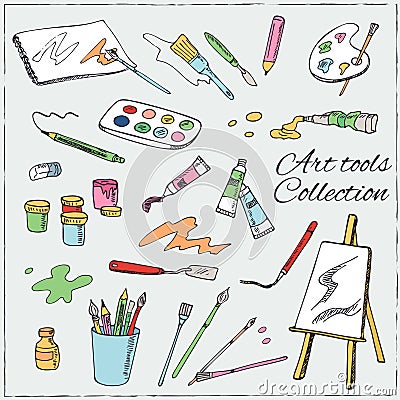 Hand drawn art tools set. Vector Illustration