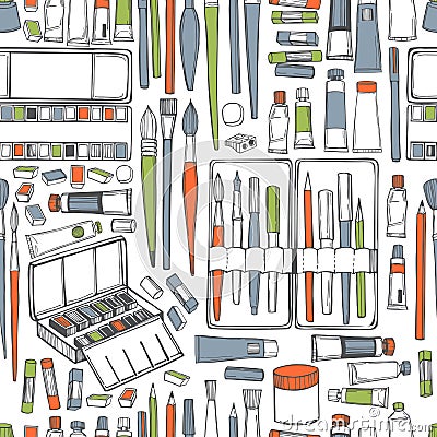 Artistic paintbrushes and watercolor paints. Vector pattern Vector Illustration