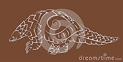 Hand drawn art with white pangolin silhouette Vector Illustration