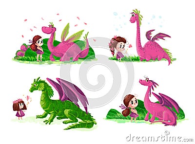 Hand drawn artistic collection of cute little girl and friendly dinosaur with nature elements Cartoon Illustration