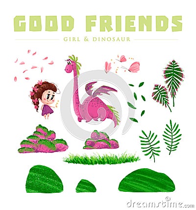 Hand drawn artistic collection of cute little girl and friendly dinosaur with nature elements isolated Cartoon Illustration