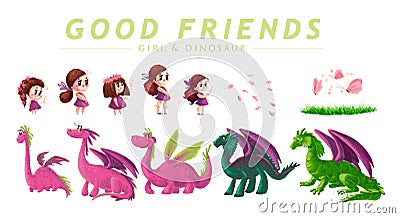 Hand drawn artistic collection of cute little girl and friendly dinosaur Cartoon Illustration