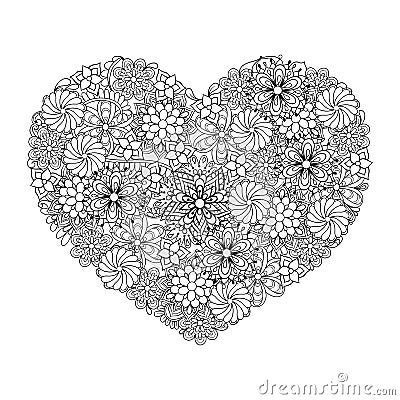 Hand drawn artistic ethnic ornamental patterned Big heart in doodle, zentangle tribal style for adult coloring Vector Illustration