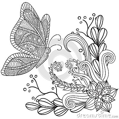 Hand drawn artistic ethnic ornamental patterned floral frame with a butterfly Vector Illustration