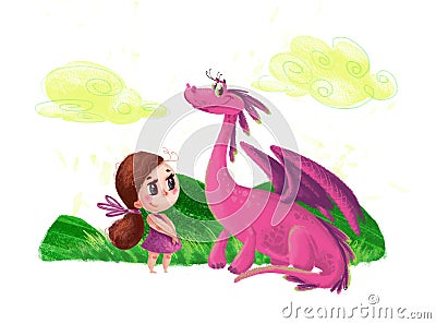 Hand drawn artistic illustration of cute little girl and friendly dinosaur Cartoon Illustration