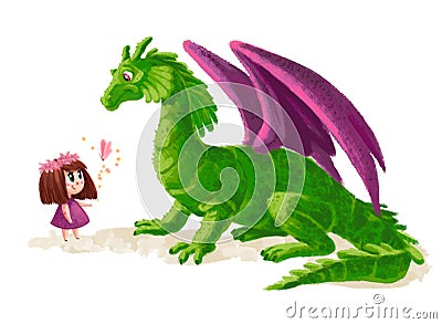 Hand drawn artistic illustration of cute little girl and friendly dinosaur Cartoon Illustration